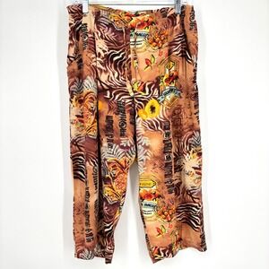 Jams World Guava Beach Rayon Tropical Print Pants Sz M Brown Fruit Floral Hawaii